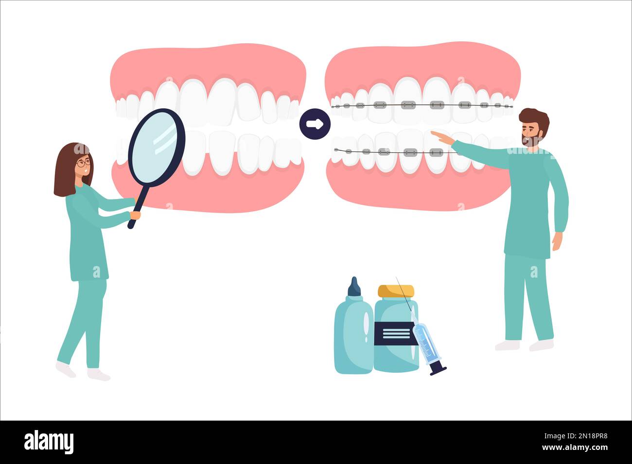 Orthodontist installs dental braces for straightening. Tiny Dentist