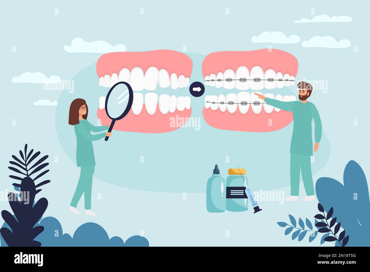 Orthodontist installs dental braces for straightening. Tiny Dentist