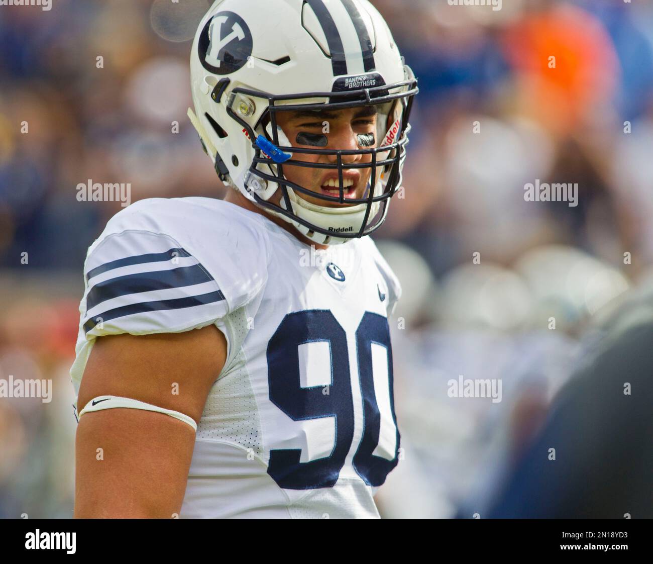 BYU defensive lineman Bronson Kaufusi (90) during warmups before an