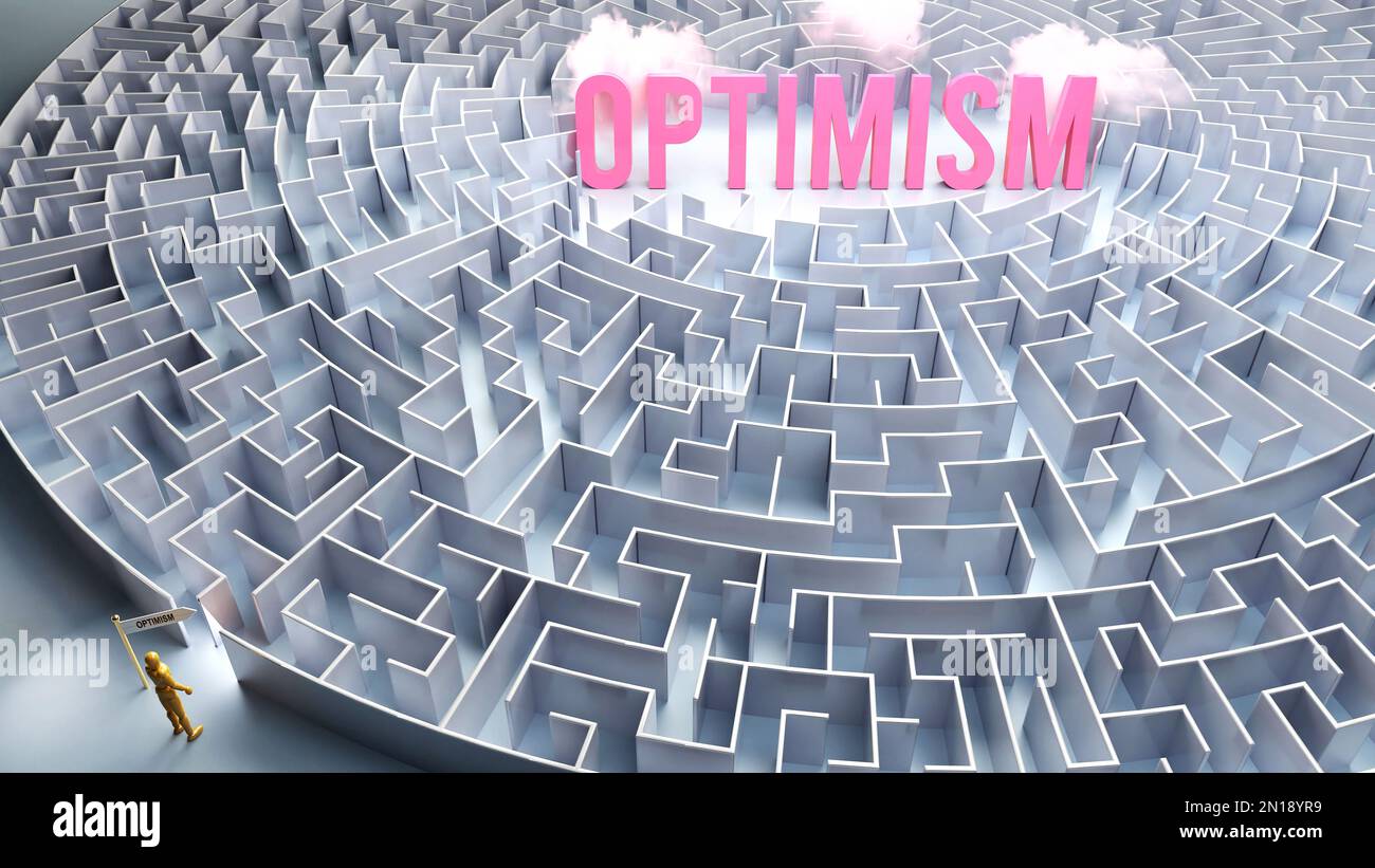 Optimism and a difficult path, confusion and frustration in seeking it, hard journey that leads to Optimism,3d illustration Stock Photo