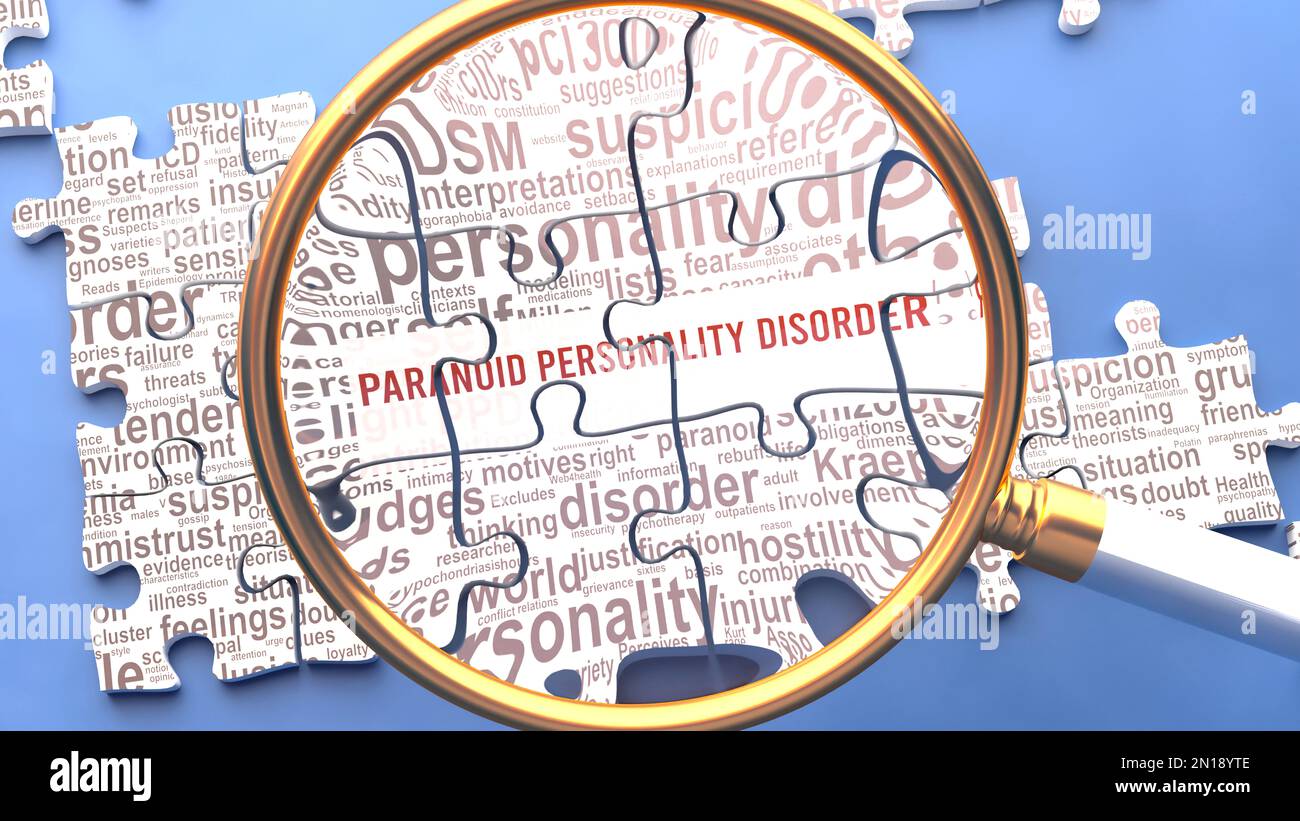 Paranoid personality disorder as a complex and complicated topic. Complexity shown as connected elements with dozens of ideas and concepts correlated Stock Photo