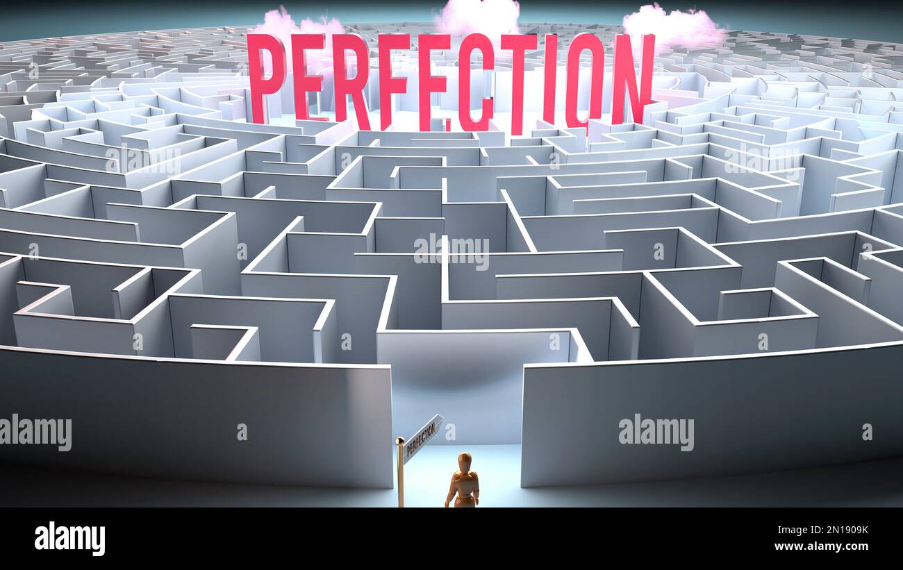 Perfection and a challenging path that leads to it - confusion and frustration in seeking it, complicated journey to Perfection,3d illustration Stock Photo