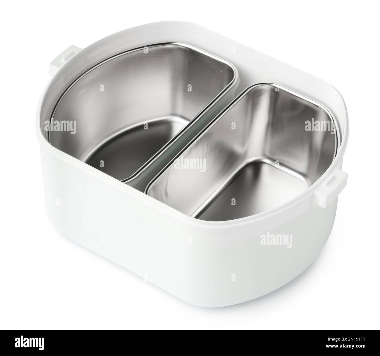 Empty lunch box with metal compartments isolated on white background