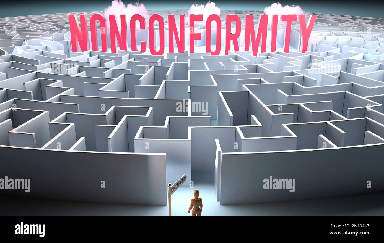 Nonconformity and a challenging path that leads to it - confusion and frustration in seeking it, complicated journey to Nonconformity,3d illustration Stock Photo