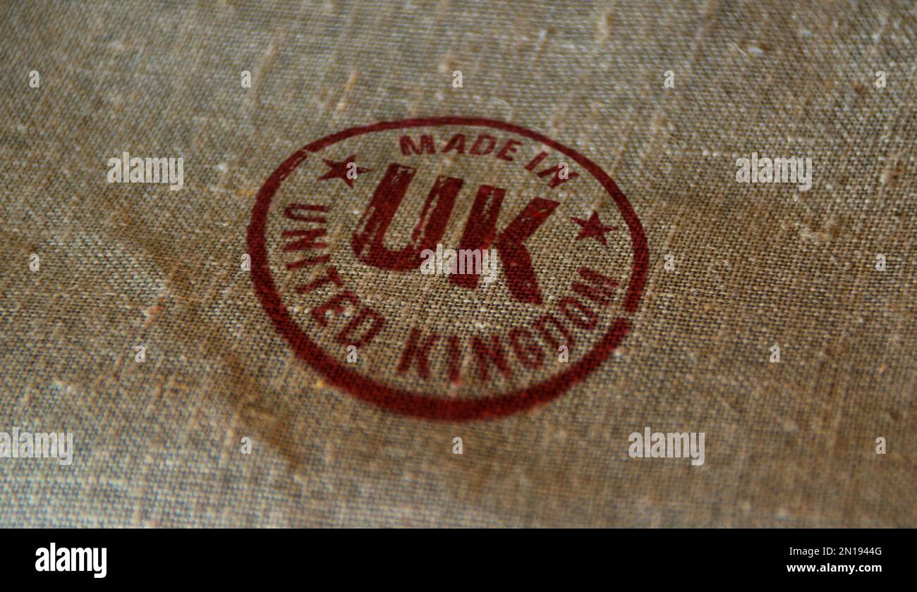 Made in UK stamp printed on linen sack. Factory, manufacturing and production country concept. Stock Photo