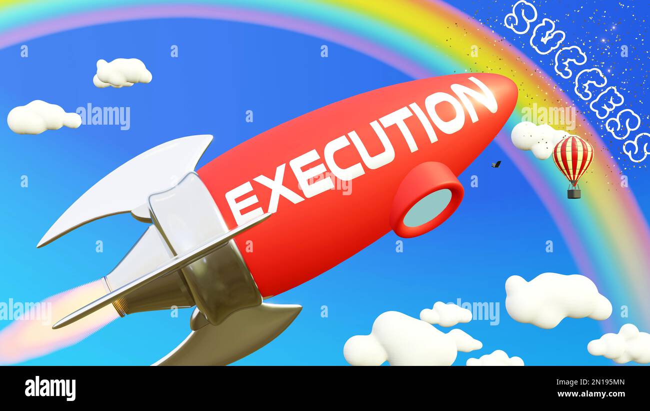 Execution lead to achieving success in business and life. Cartoon rocket labeled with text Execution, flying high in the blue sky to reach the rainbow Stock Photo