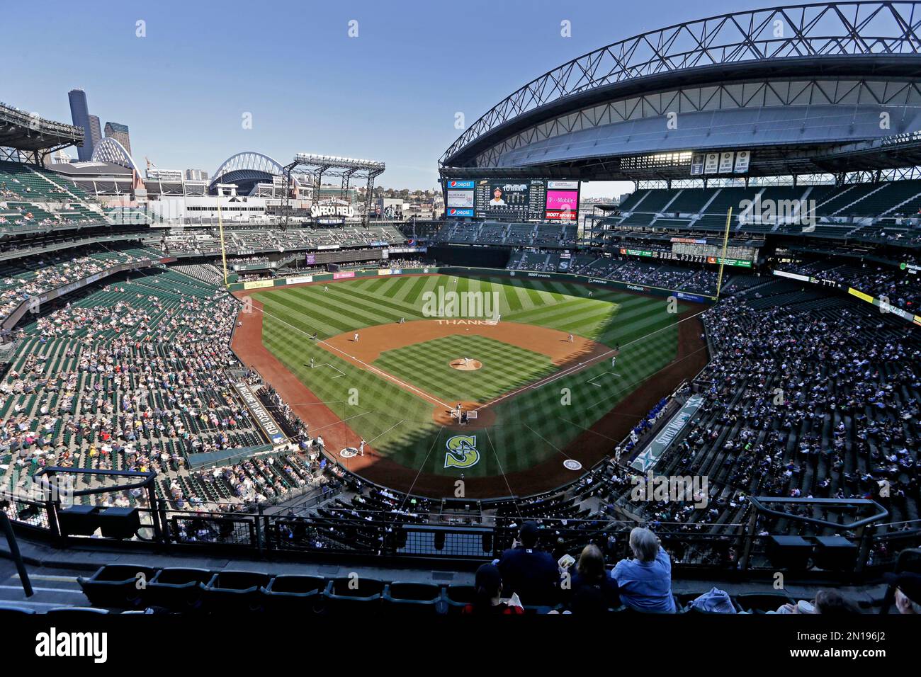 A message of thanks for fans is written on the infield of the Seattle