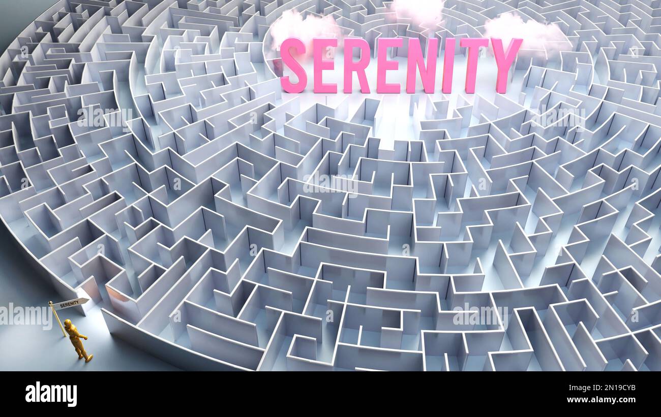 A journey to find Serenity - going through a confusing maze of obstacles and difficulties to finally reach serenity. A long and challenging path,3d il Stock Photo