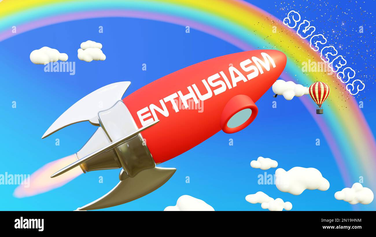 Enthusiasm lead to achieving success in business and life. Cartoon rocket labeled with text Enthusiasm, flying high in the blue sky to reach the rainb Stock Photo