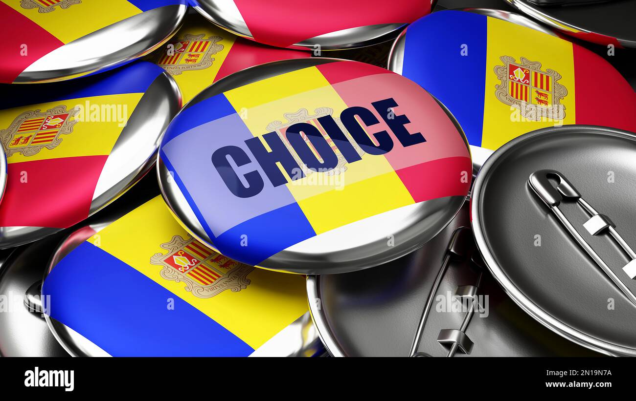 Choice in Andorra - national flag of Andorra on dozens of pinback buttons symbolizing upcoming Choice in this country. ,3d illustration Stock Photo