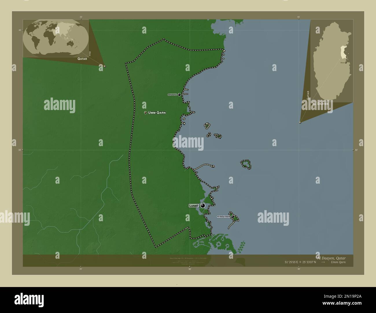 Al Daayen, municipality of Qatar. Elevation map colored in wiki style ...