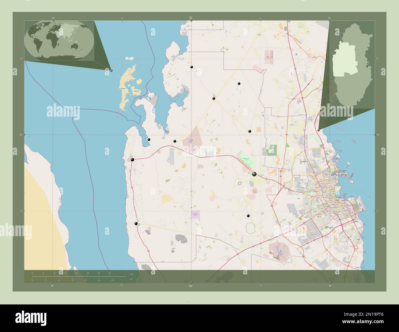 Al Shahaniya, municipality of Qatar. Open Street Map. Locations of