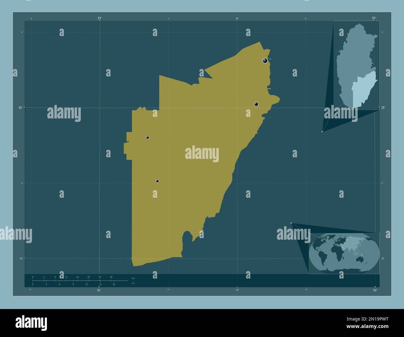 Al Wakrah, municipality of Qatar. Solid color shape. Locations of major ...