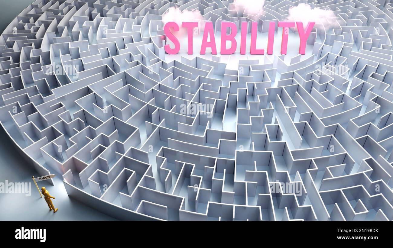 A journey to find Stability - going through a confusing maze of obstacles and difficulties to finally reach stability. A long and challenging path,3d Stock Photo