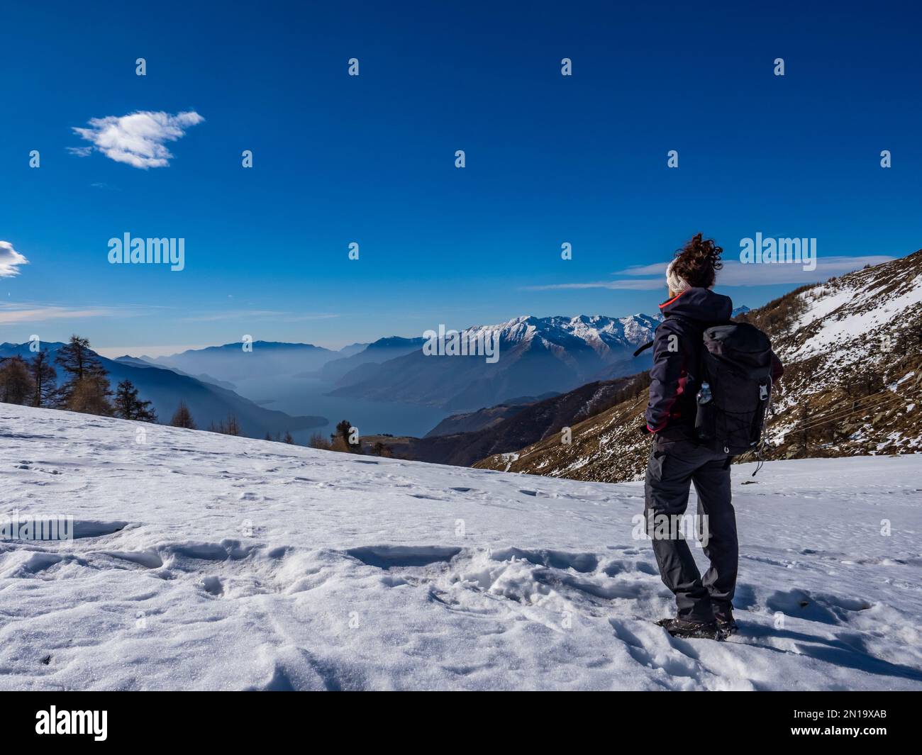 Trekking scene on the mountains of Lake Como Stock Photo
