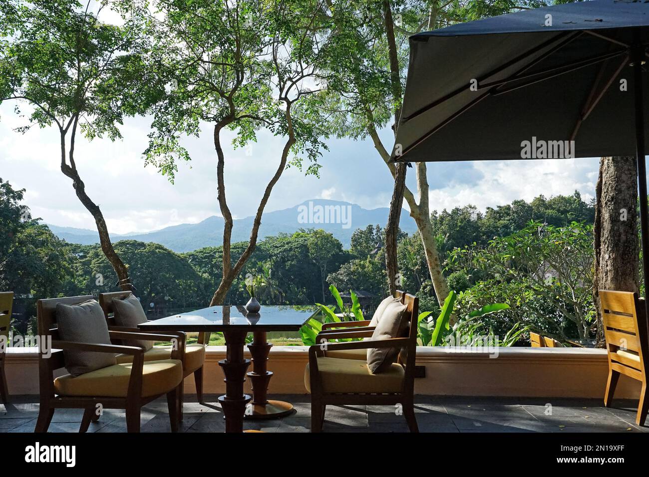 Exterior design of natural hotel and luxury resort villas and pavilions acquainted with Thai culture on terraced rice field, Chiang Mai, Thailand Stock Photo