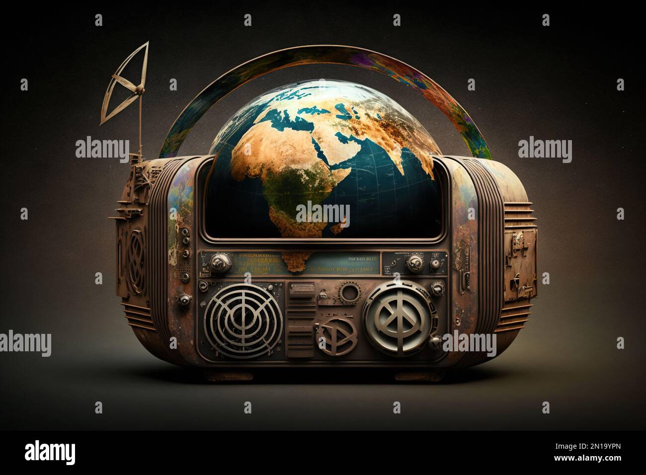 Vintage radio with planet earth. World radio day theme concept Stock Photo  - Alamy