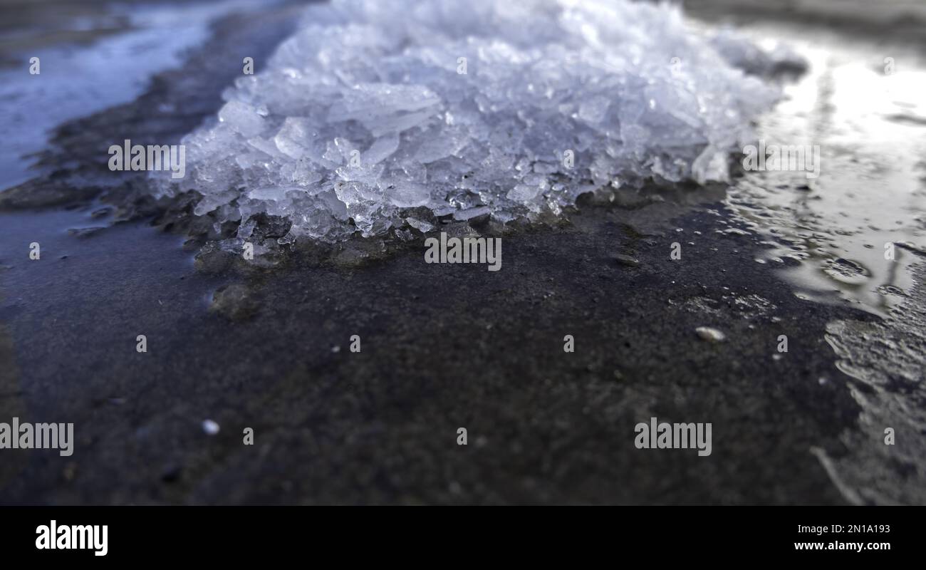 Detail of ice and snow on the ground in the city, cold and winter Stock Photo