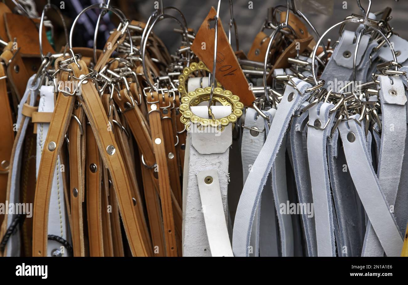 Detail of fashion accessory and clothing in a market, leather crafts Stock Photo