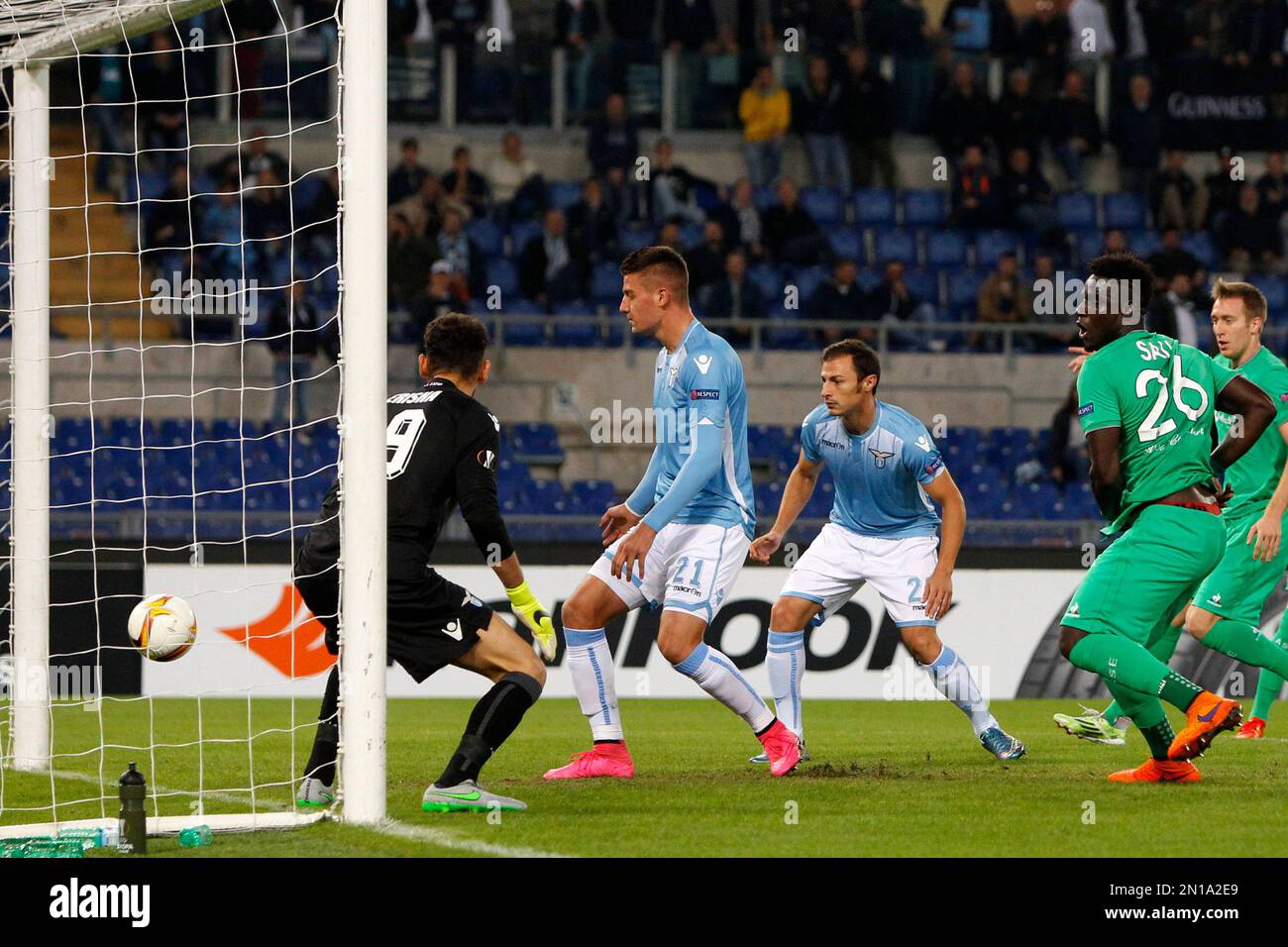 Saint-Etienne's Moustapha Bayal Sall, right, scores during an Europa League  Group C soccer match between Lazio and Saint-Etienne, at Rome's Olympic  stadium, Thursday, Oct. 1, 2015. (AP Photo/Riccardo De Luca Stock Photo -, image size:1300x956