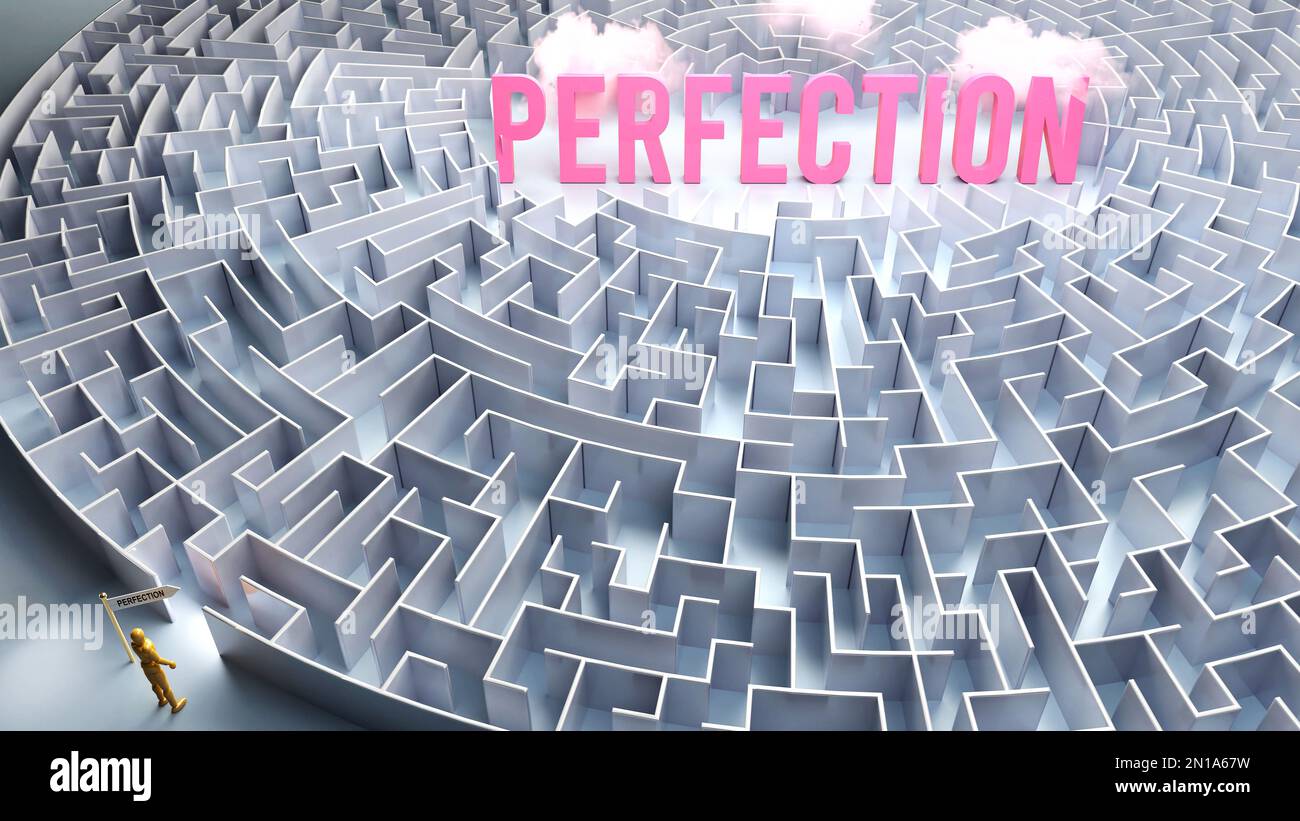 Perfection and a difficult path, confusion and frustration in seeking it, hard journey that leads to Perfection,3d illustration Stock Photo
