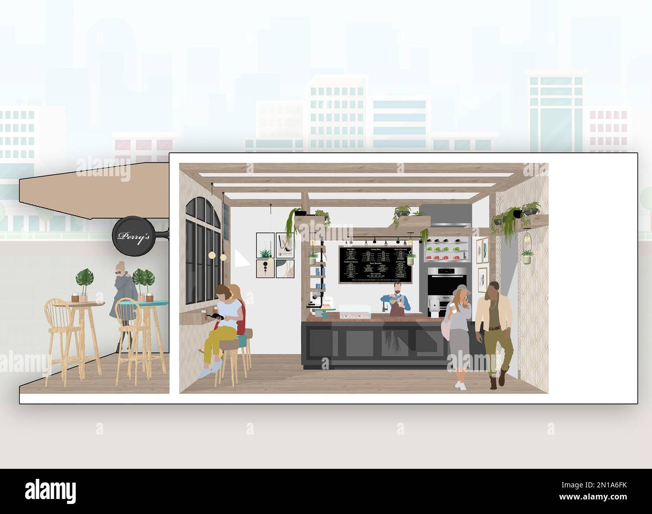 3D Concept Coffee Shop, Cafeteria, rendered elevation/perspective/plan