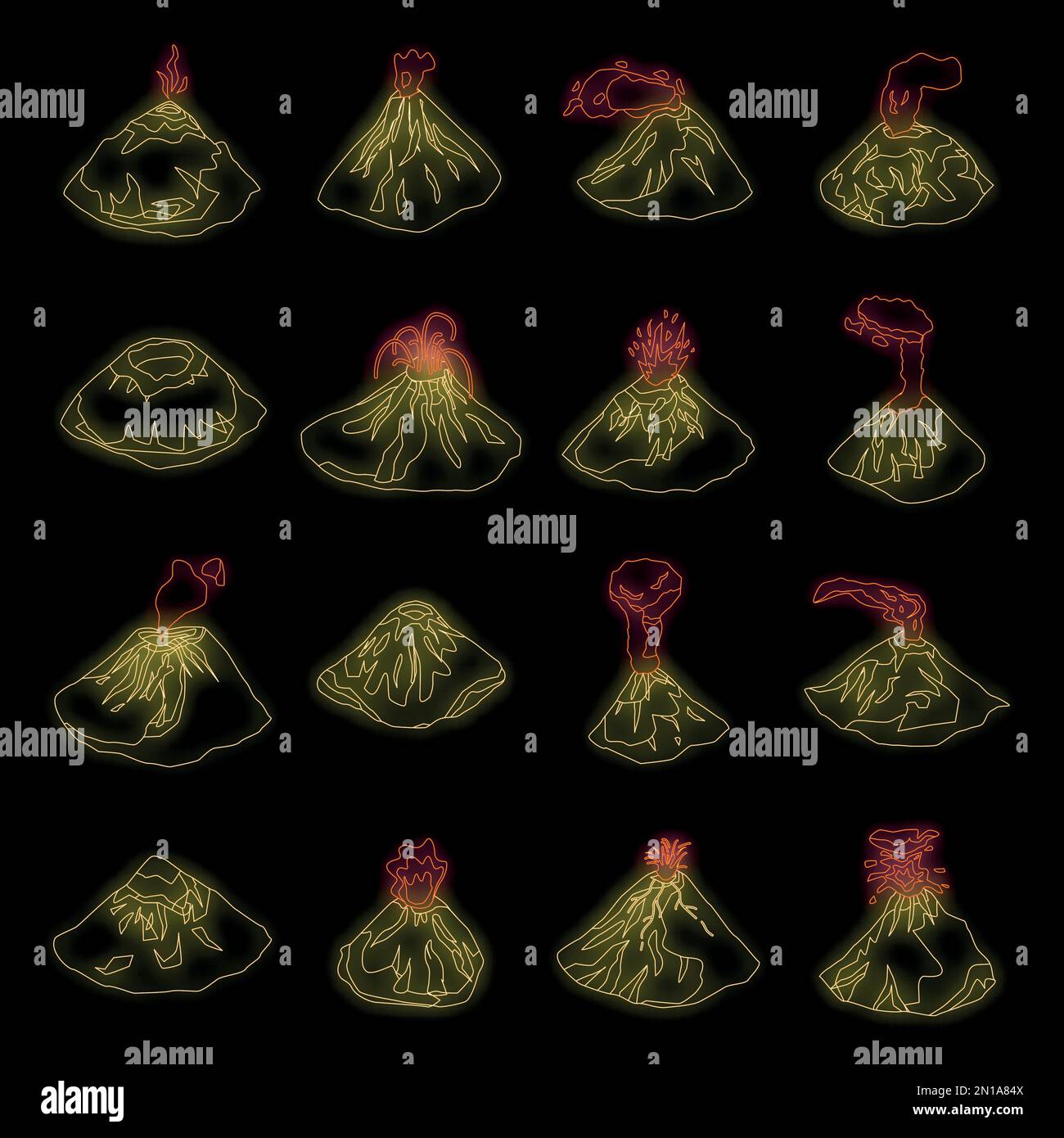 Volcano icons set. Isometric set of volcano vector icons neon on black ...