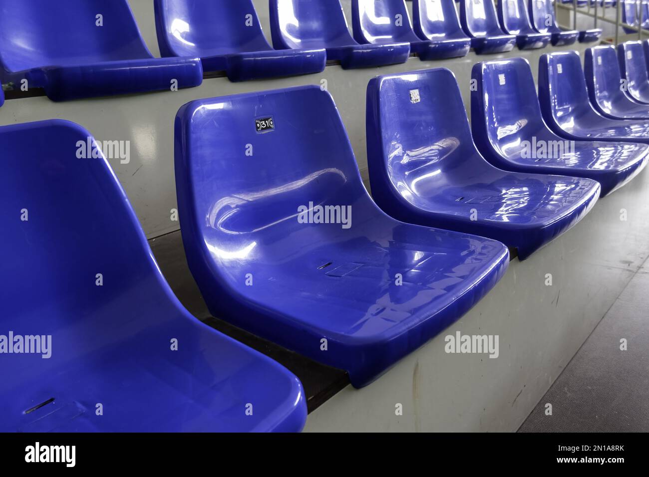Detail of seats in a sports stadium, spectators and fun Stock Photo