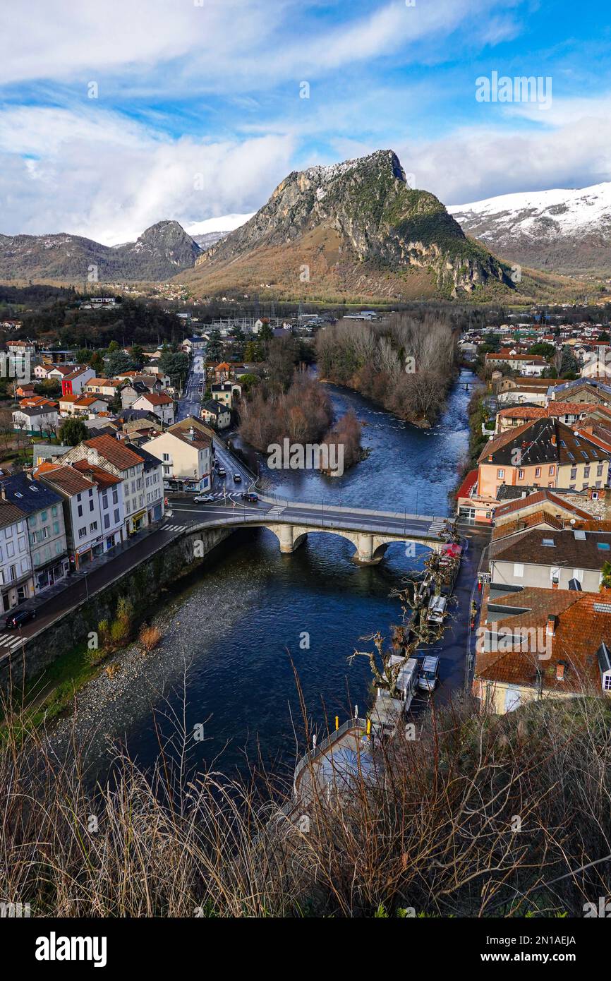 Winter in Tarascon sur Ariege, French Pyrenees, The Ariege, France with snowy mountains Stock Photo