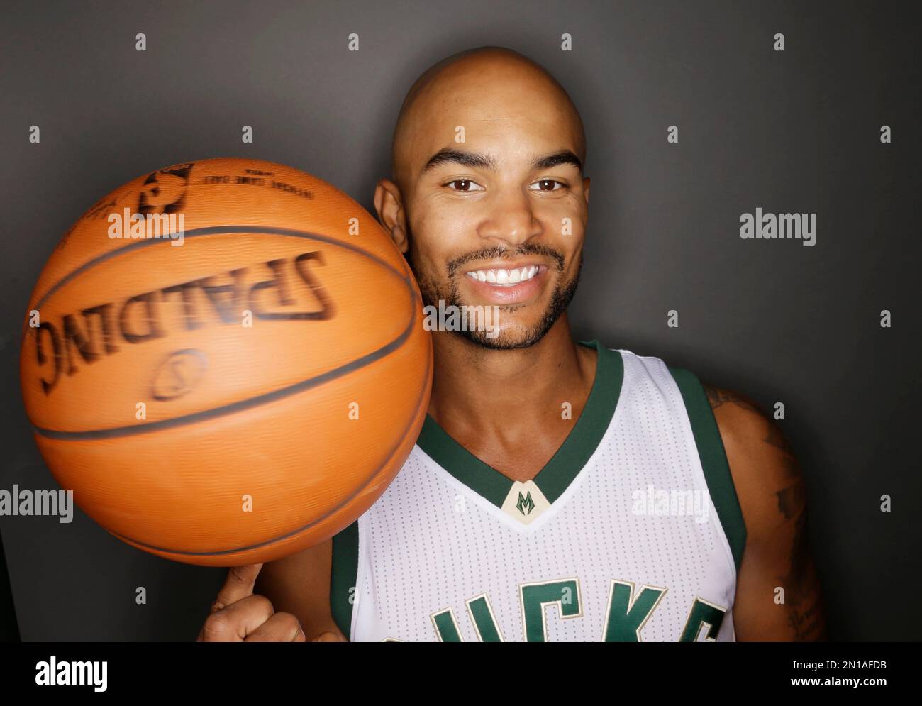 Milwaukee Bucks’ Jerryd Bayless poses for a picture during the team's NBA basketball media day Monday, Sept. 28, 2015, in St. Francis, Wis. (AP Photo/Morry Gash) Stock Photo