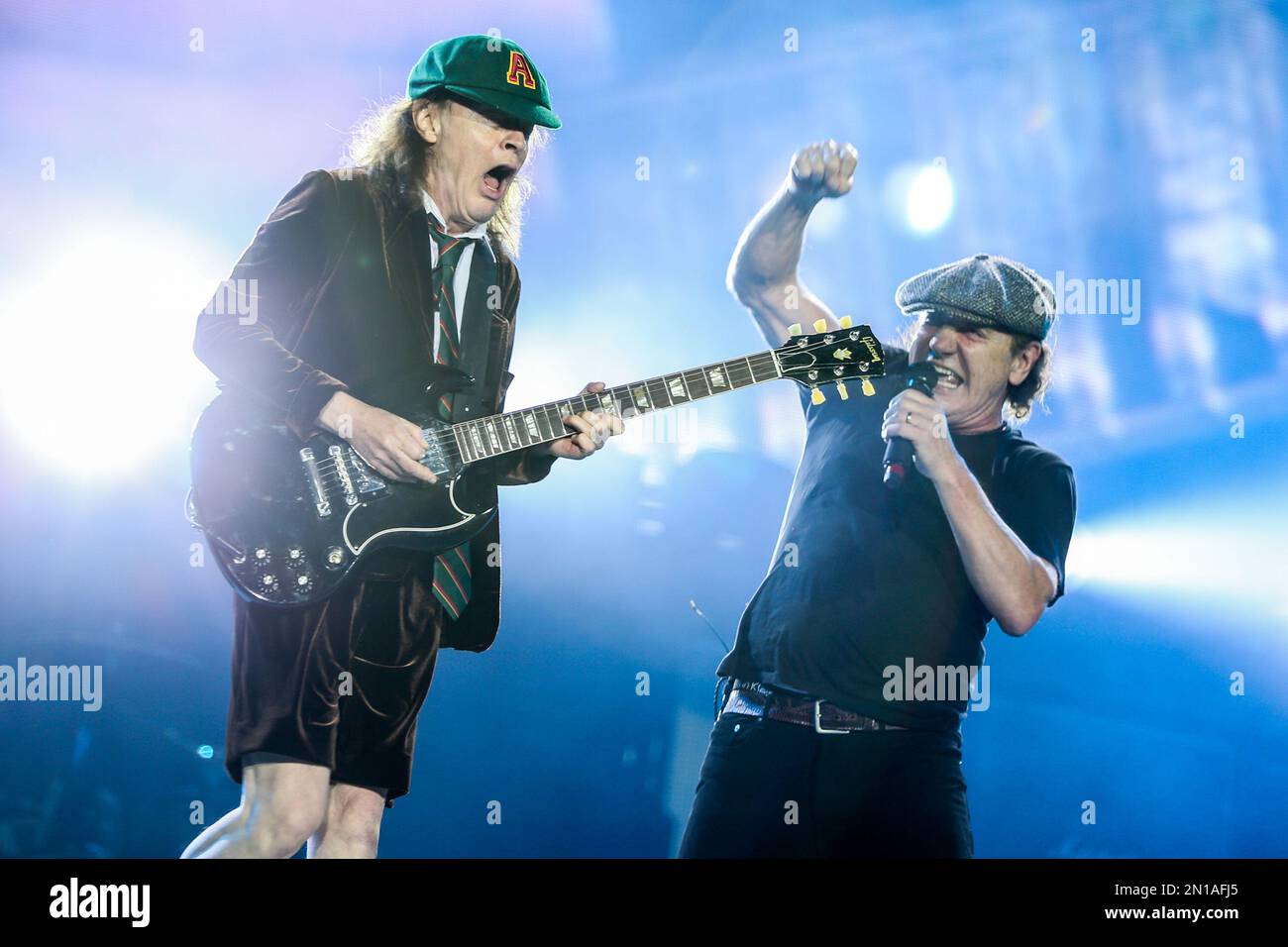Angus Young, left, and Brian Johnson of AC/DC performs during the final ...