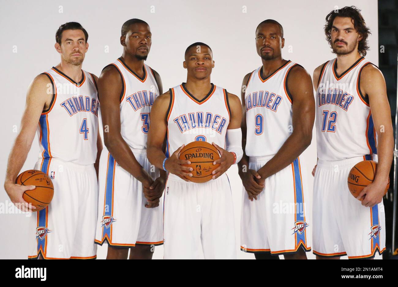 Oklahoma City Thunder players from left Nick Collison Kevin Durant Russell Westbrook Serge Ibaka and Steven Adams pose for a photo during media day in Oklahoma City Monday Sept. 28 2015. AP