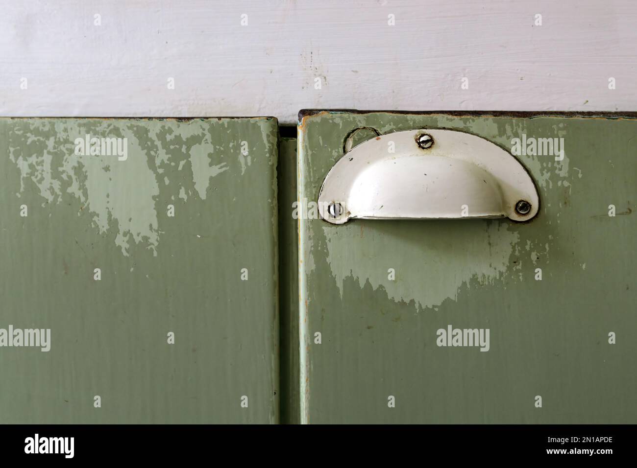 Old vintage wooden kitchen drawers and handles Stock Photo Alamy