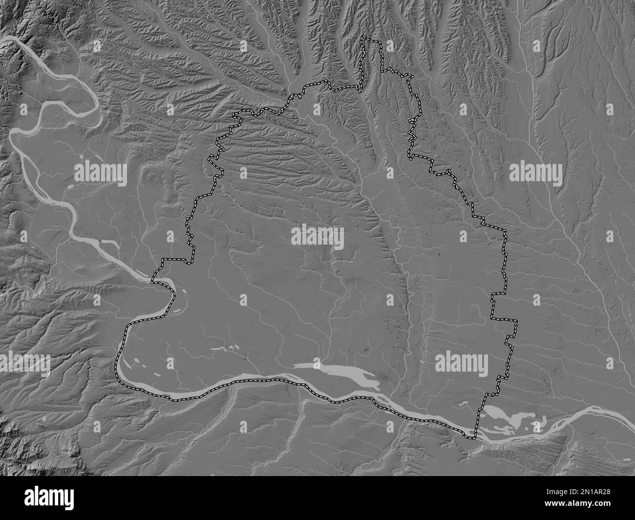 Dolj, county of Romania. Bilevel elevation map with lakes and rivers Stock Photo