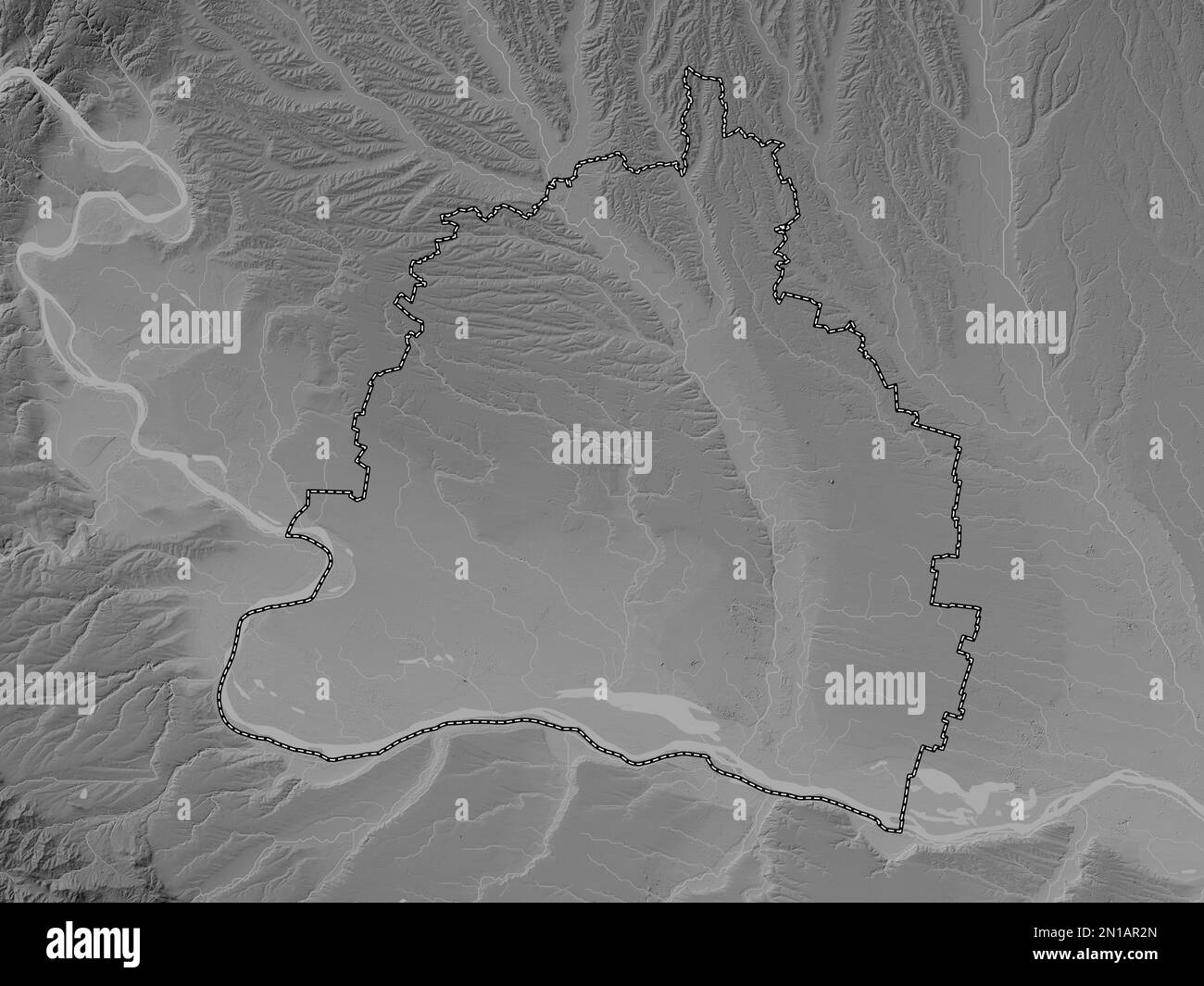 Dolj, county of Romania. Grayscale elevation map with lakes and rivers Stock Photo