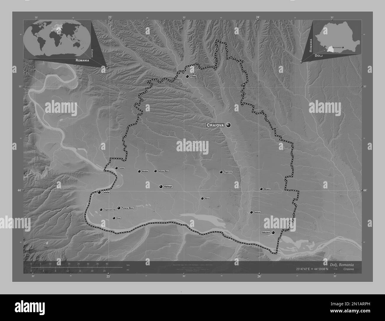 Dolj, county of Romania. Grayscale elevation map with lakes and rivers. Locations and names of major cities of the region. Corner auxiliary location m Stock Photo