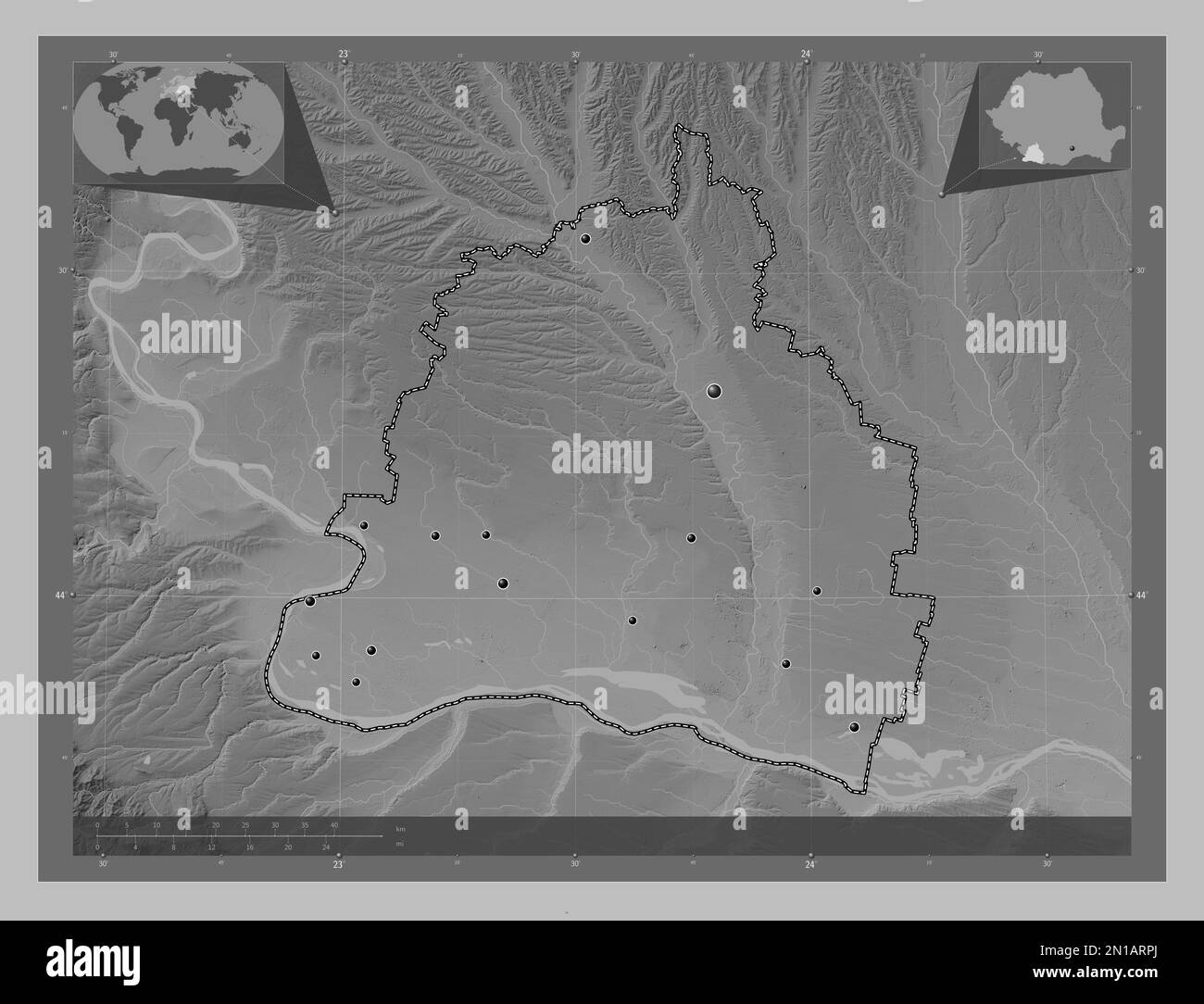 Dolj, county of Romania. Grayscale elevation map with lakes and rivers. Locations of major cities of the region. Corner auxiliary location maps Stock Photo