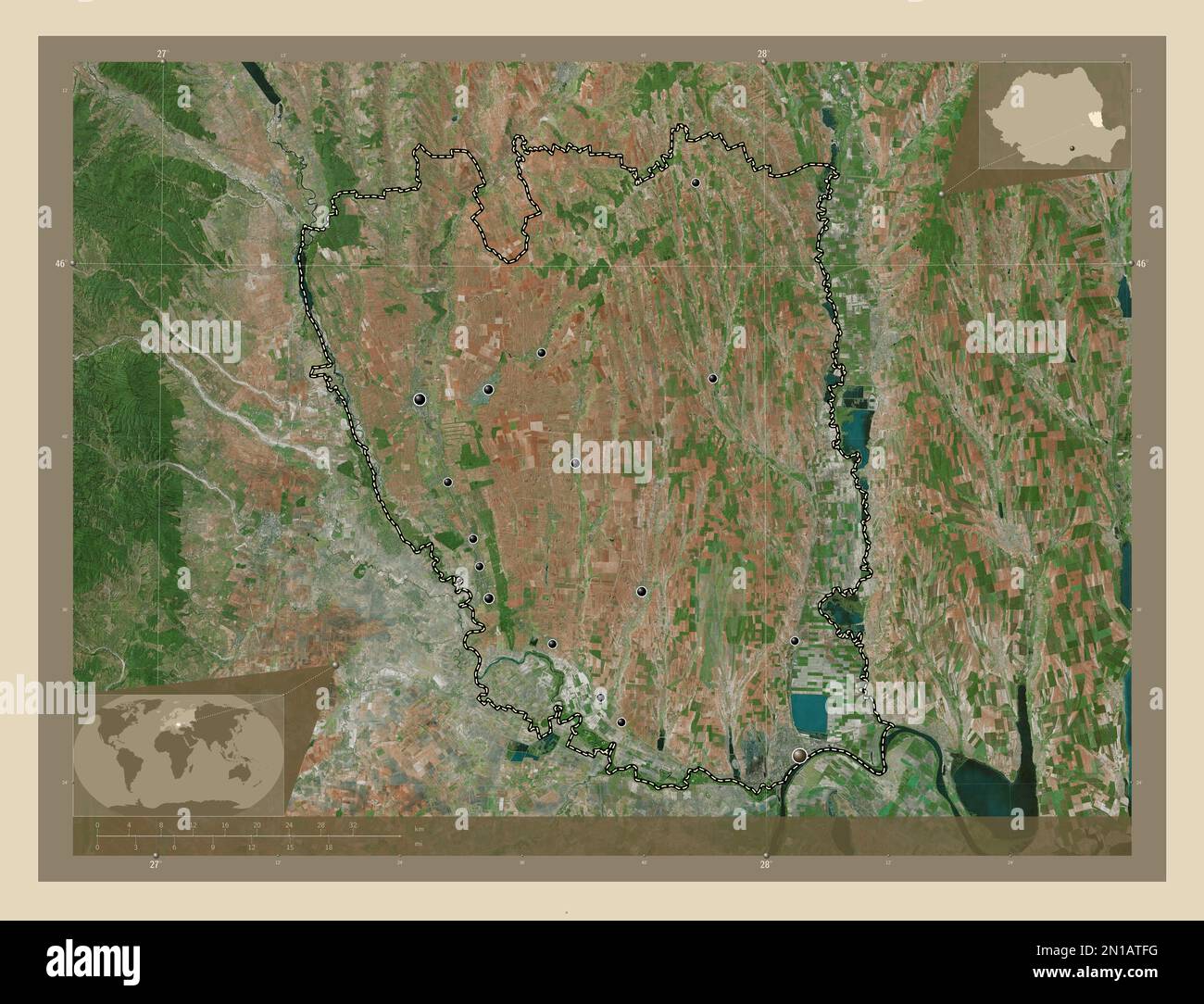 Galati, county of Romania. High resolution satellite map. Locations of