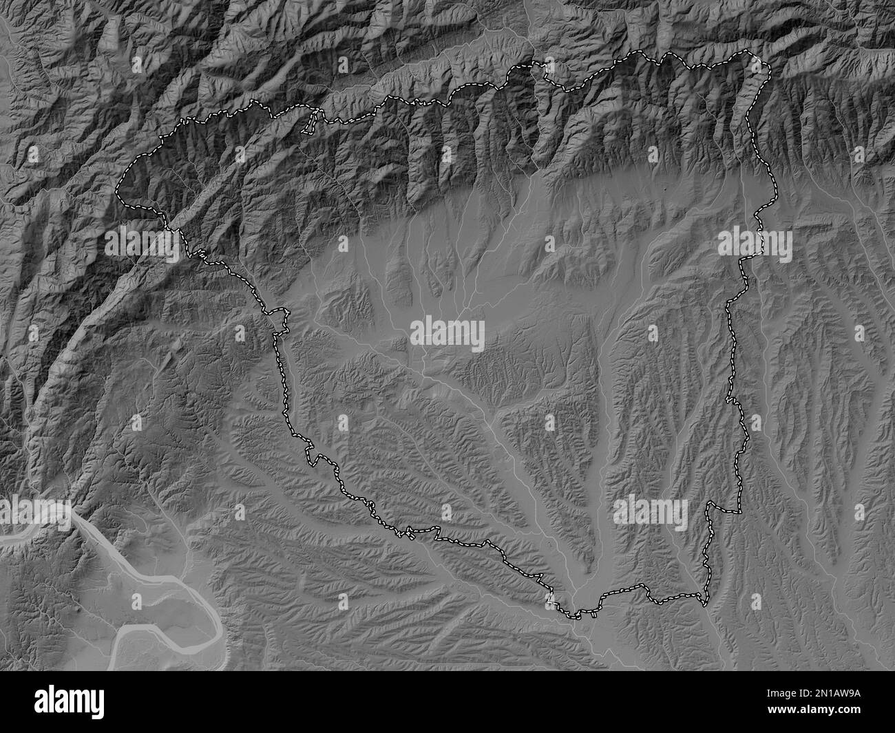 Gorj, county of Romania. Grayscale elevation map with lakes and rivers