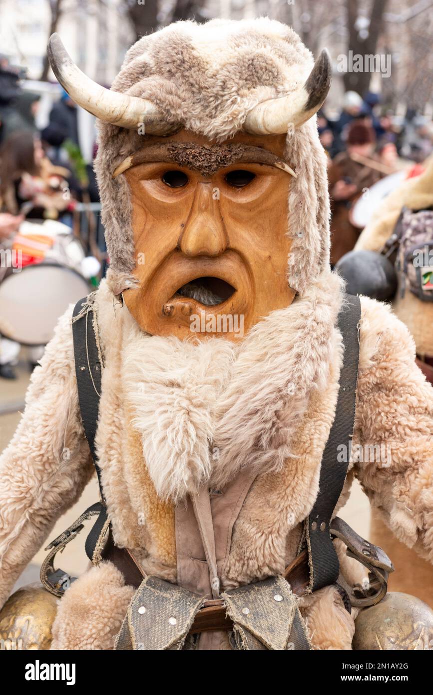 Kukeri dancer with lar wooden mask at the Surva International Masquerade and Mummers Festival in Pernik, Bulgaria, Eastern Europe, Balkans, EU Stock Photo