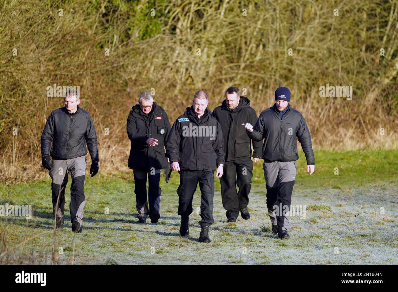 Police officers in St Michael's on Wyre, Lancashire, continue their search for missing woman Nicola Bulley, 45, who was last seen on the morning of Friday January 27, when she was spotted walking her dog on a footpath by the nearby River Wyre. Picture date: Monday February 6, 2023. Stock Photo
