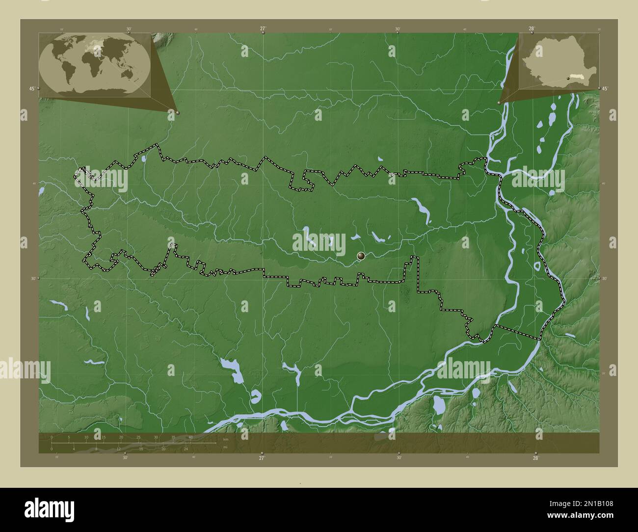 Ialomita, county of Romania. Elevation map colored in wiki style with lakes  and rivers. Locations and names of major cities of the region. Corner auxi  Stock Photo - Alamy