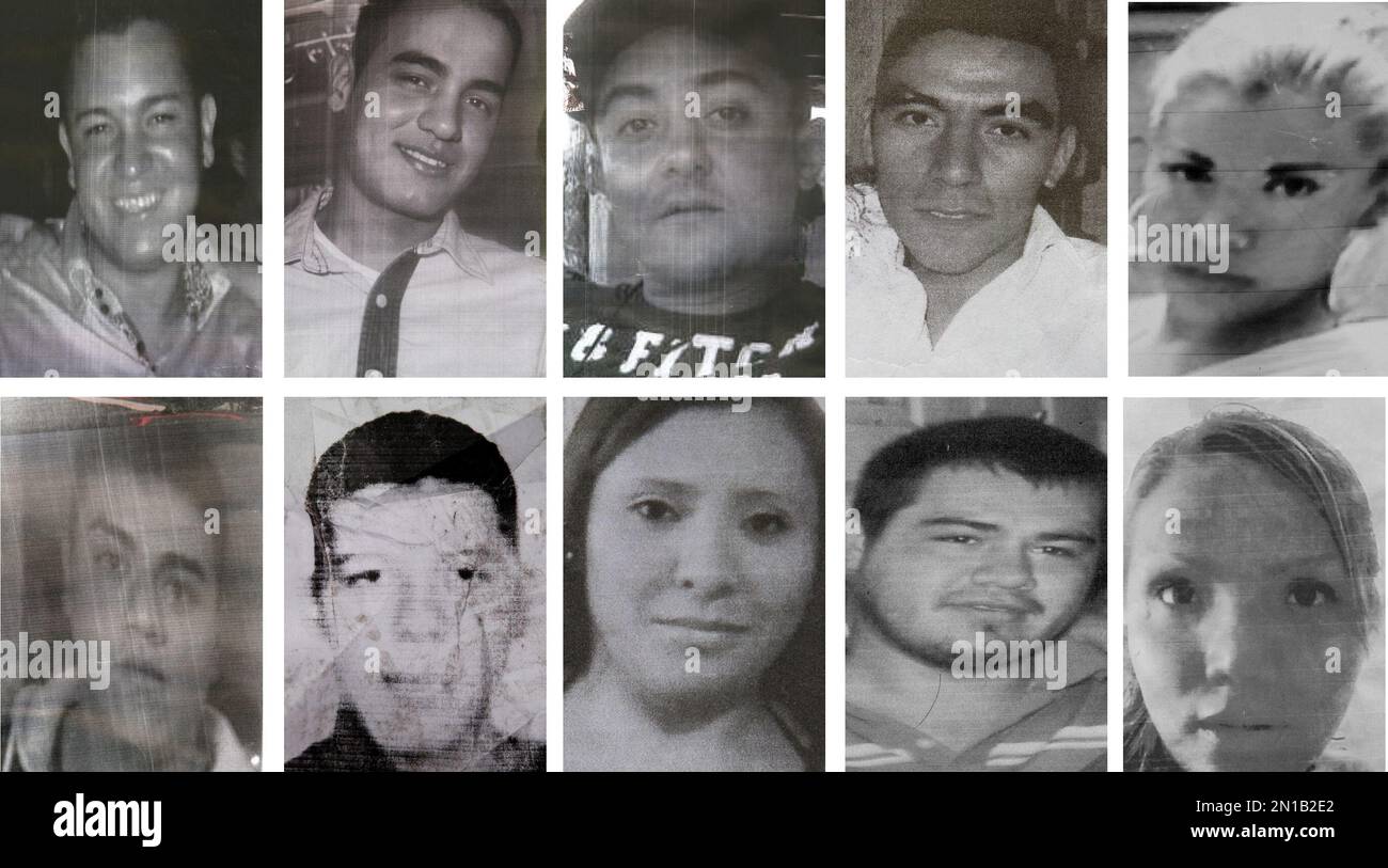 FILE - This file photo composite of images taken from flyers made by  relatives show ten of 12 young people that were kidnapped in broad daylight  from an after hours bar in