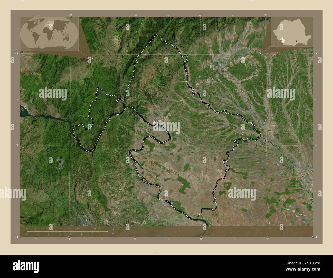 Mehedinti, county of Romania. High resolution satellite map. Corner ...