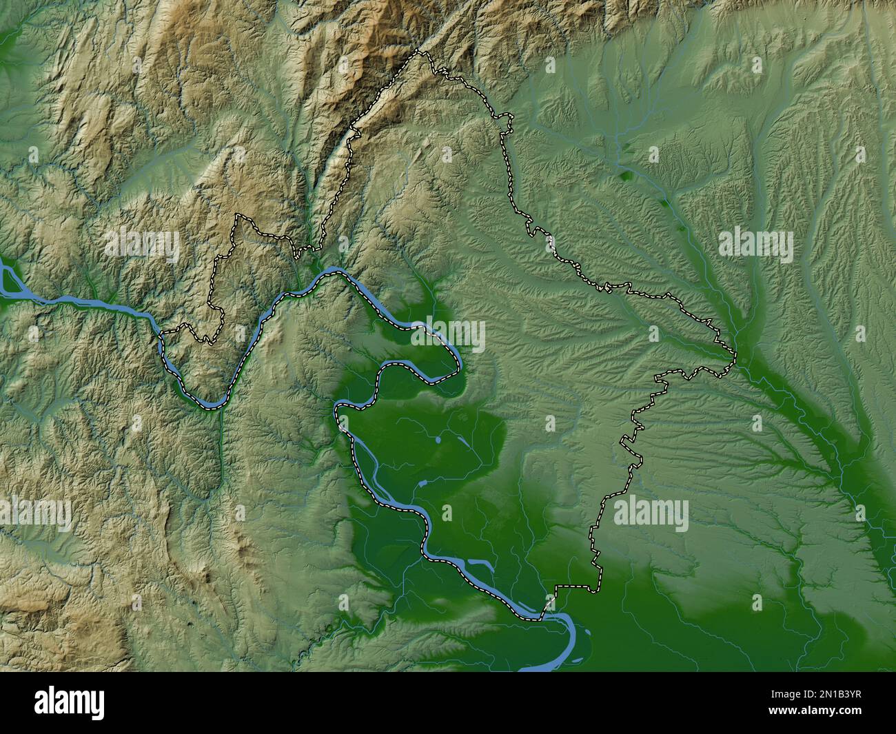 Romania Rivers System Mehedinti, county of Romania. Colored elevation map with lakes and ...