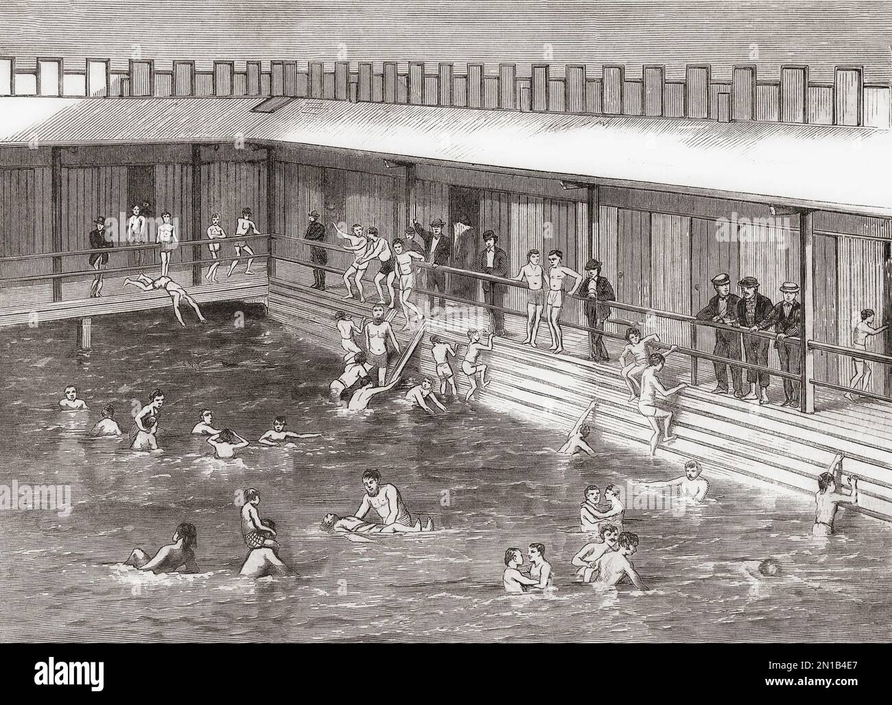 North and east river public baths, New York City.  The baths gave relief in the heat of summer, but more importantly they improved the city's public health; poorer housing often lacked proper plumbing.  After an illustration in Frank Leslie's Illustrated Newspaper, 1870. Stock Photo