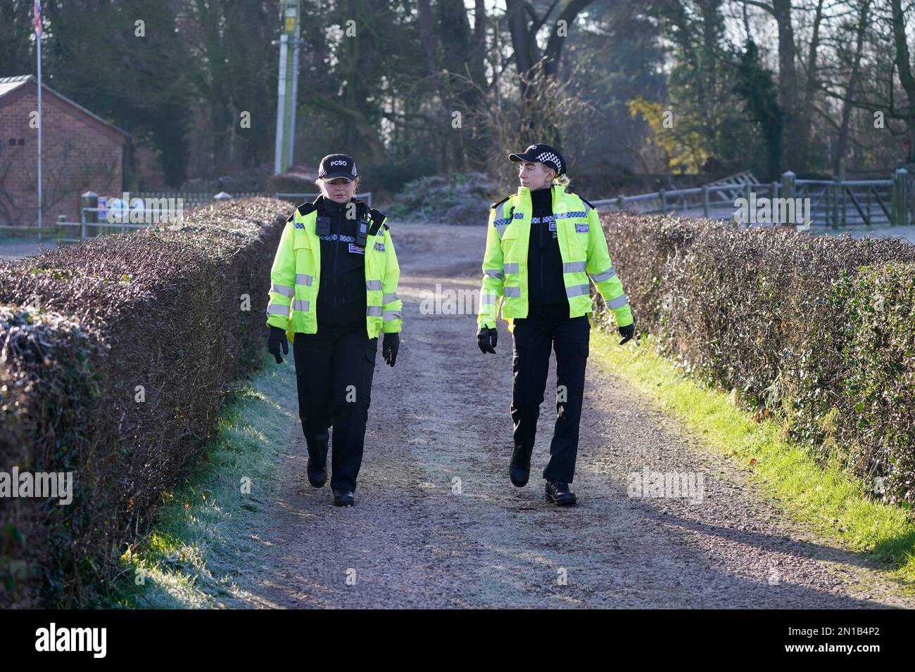 Police officers in St Michael's on Wyre, Lancashire, continue their search for missing woman Nicola Bulley, 45, who was last seen on the morning of Friday January 27, when she was spotted walking her dog on a footpath by the nearby River Wyre. Picture date: Monday February 6, 2023. Stock Photo