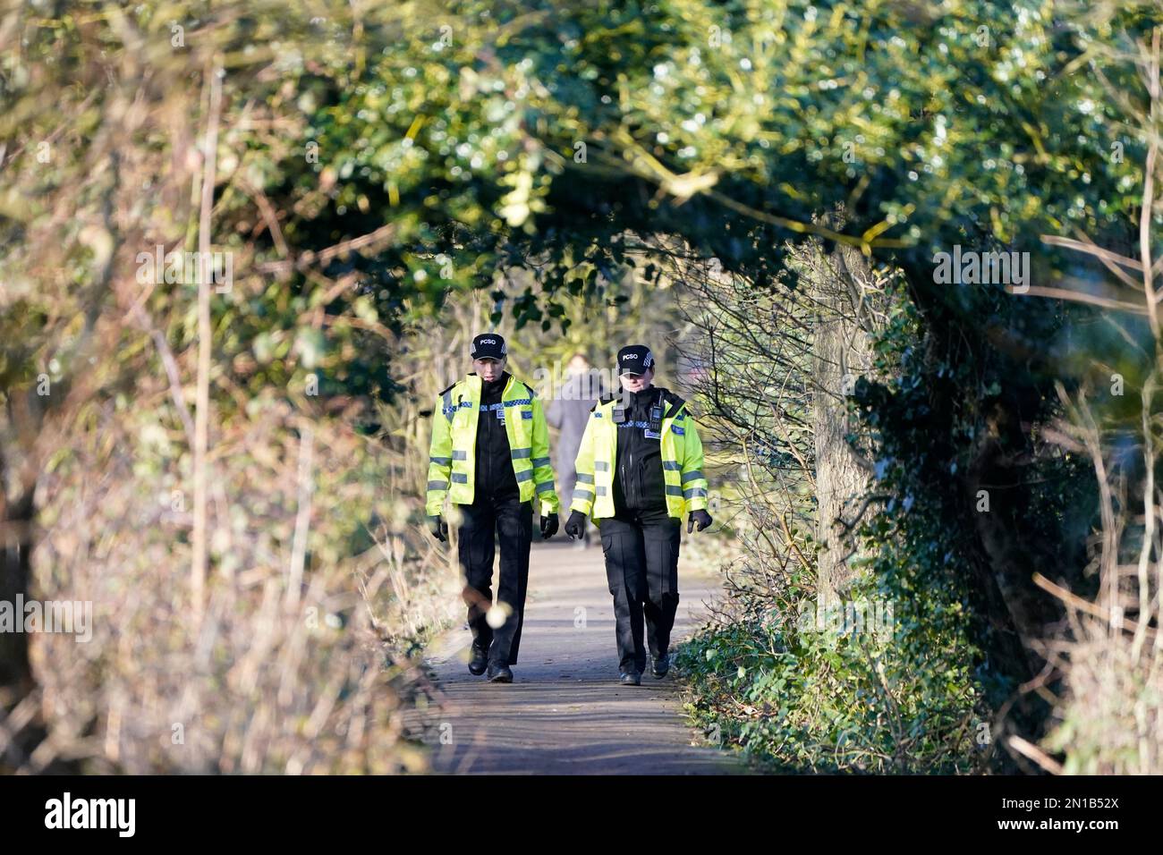 Police officers in St Michael's on Wyre, Lancashire, continue their search for missing woman Nicola Bulley, 45, who was last seen on the morning of Friday January 27, when she was spotted walking her dog on a footpath by the nearby River Wyre. Picture date: Monday February 6, 2023. Stock Photo