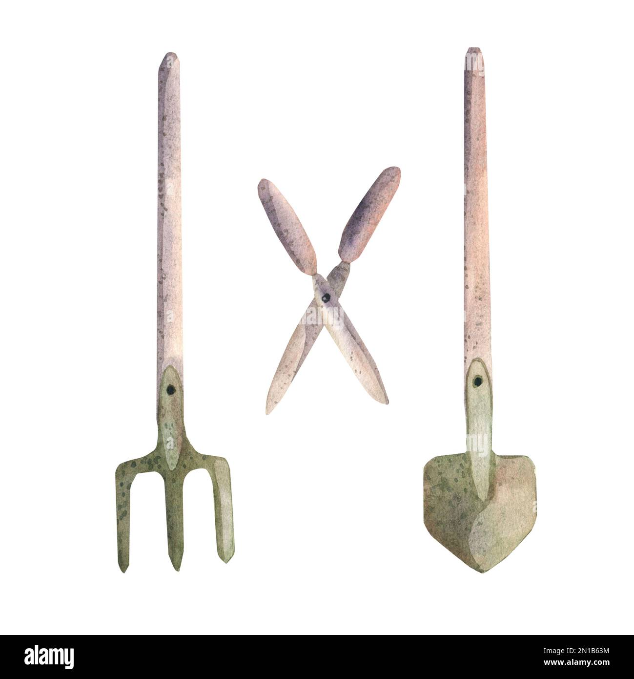 Watercolor illustration with a garden tool, pitchfork, shovel, scissors ...