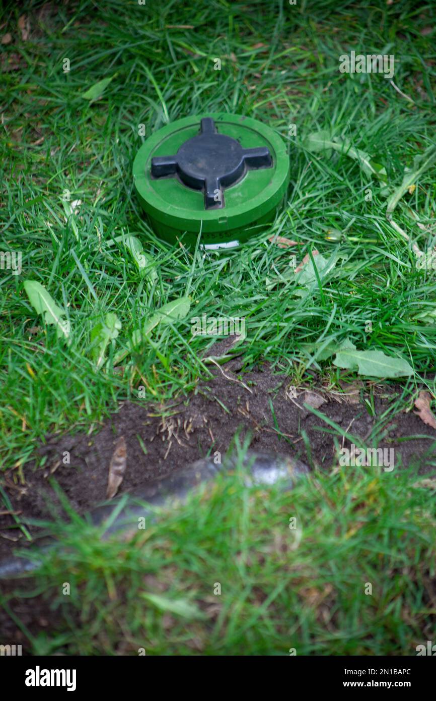 A anti-tank green mine lies on the ground camouflaged in green grass. Weapon bomb anti-personnel mine. Projectile of war. Outdoors. War ammunition, anti tank bomb, combat, soldier equipment Stock Photo
